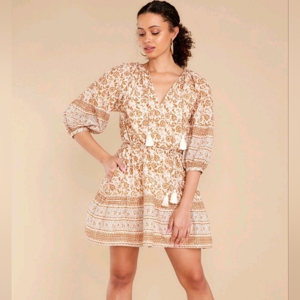 CLEOBELLA Revolve Rosy Mini Dress in Tamil Block Print Tan Boho Organic Cotton M